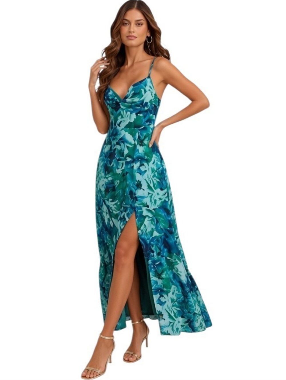 Lulu's Teal & Blue Floral Slip Twist Front Maxi Dress with Side Slit Size Medium
